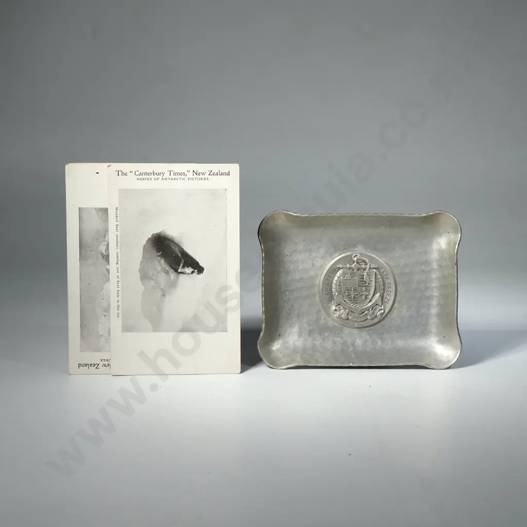 Vintage Hammered Aluminium Tray w an Embossed Medallion for Operation Deep Freeze Task Force 43 & Three Antarctic Photos Image 1++