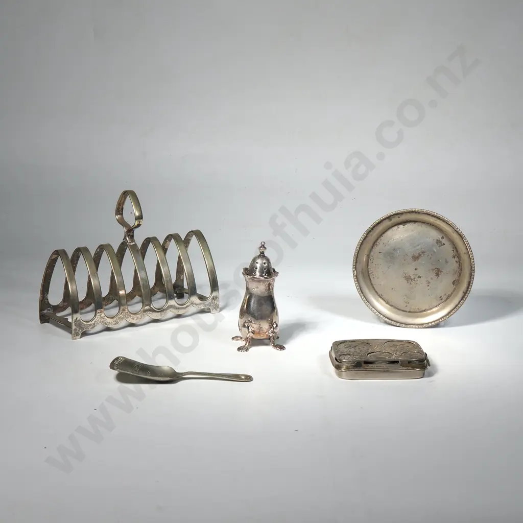 Silver Plate Toast Rack, EP Pepper Pot, Coaster, Edwardian Coin Holder, Silver Plate Tea Caddy Spoon for Melrose Teas Image 1++
