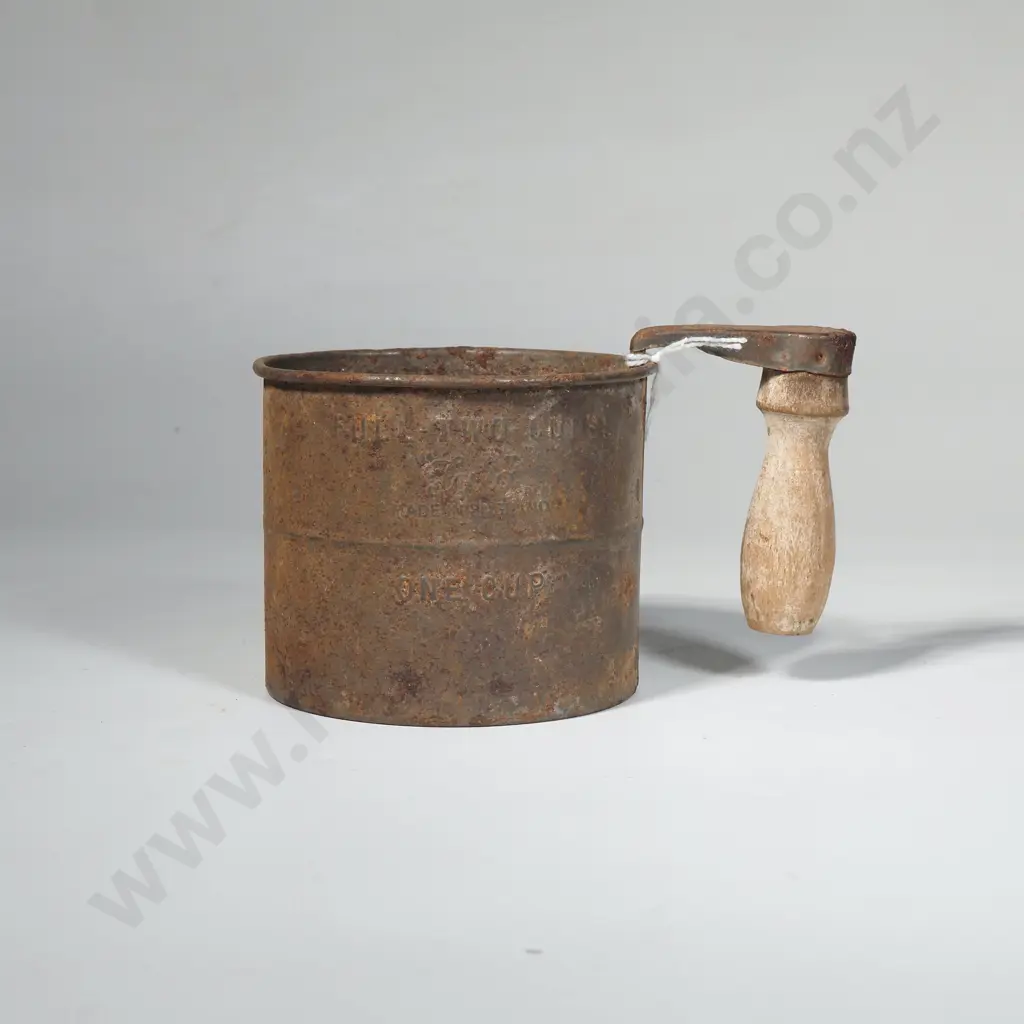 Vintage Tin Plate 'Tala' Two Cup Metal Flour Sifter w Wooden Handle Image 1++