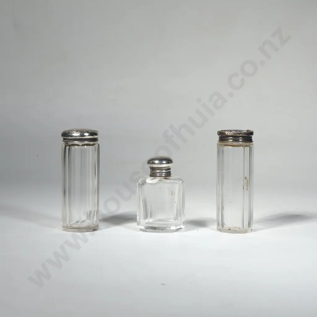 Two Sterling Silver & Faceted Glass Dressing Table Jars & Another Bottle w Silver Plated Lid Image 1++
