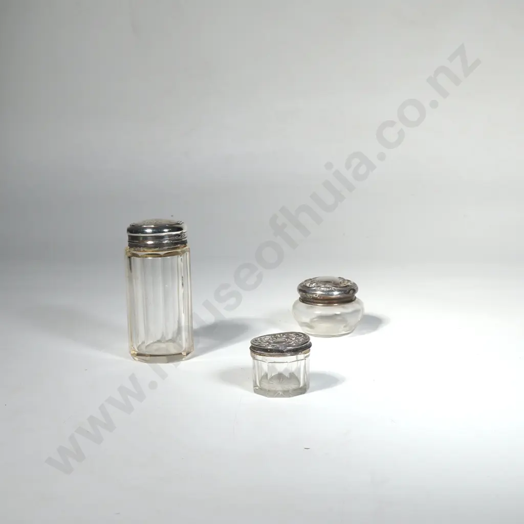 Three Sterling Silver & Glass Dressing Table Jars Image 1++