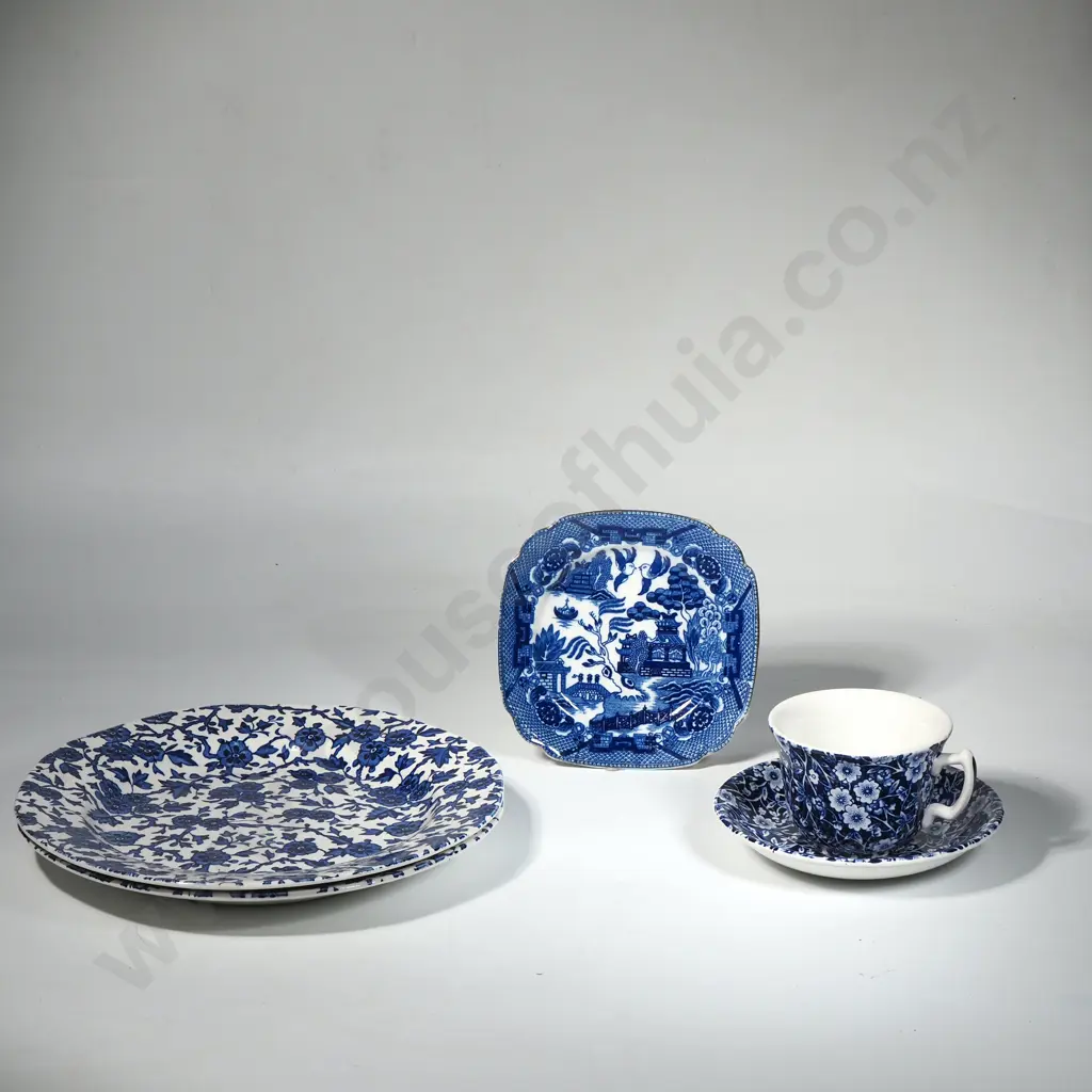 Two Burleigh Ware Arden Dinner Plates, Burleigh Calico Cup & Saucer & a Small Vintage Willow Pattern Plate Image 1++