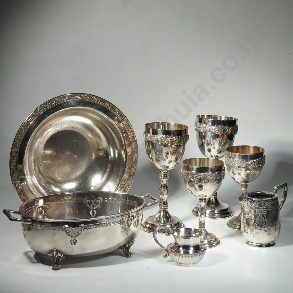 Silver Plated Items - Four Wine Goblets, Quadruple Plate Oval Pierced Bowl, Oneida Footed Round Bowl & Two Vintage Jugs Image 1++