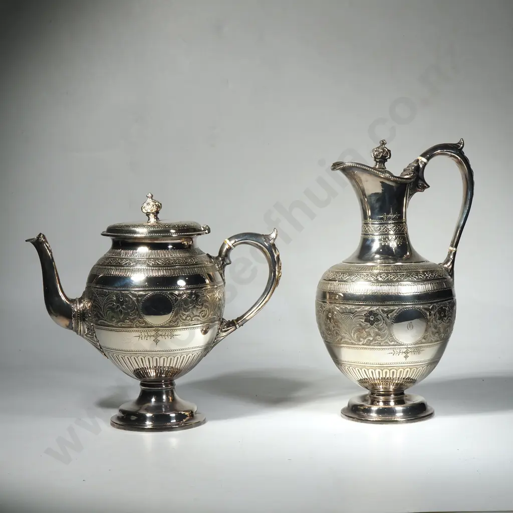 Ornate Silver Plate & Teapot w Repousse Decoration on Pedestal Base Image 1++