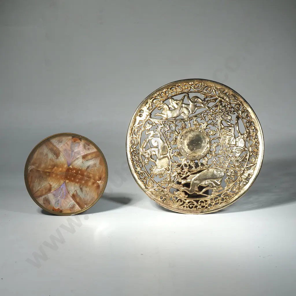 Gilt Brass Pierced Dish w Depictions of Neptune & a Vintage Blue Morpho Butterfly Wing Bowl Image 1++
