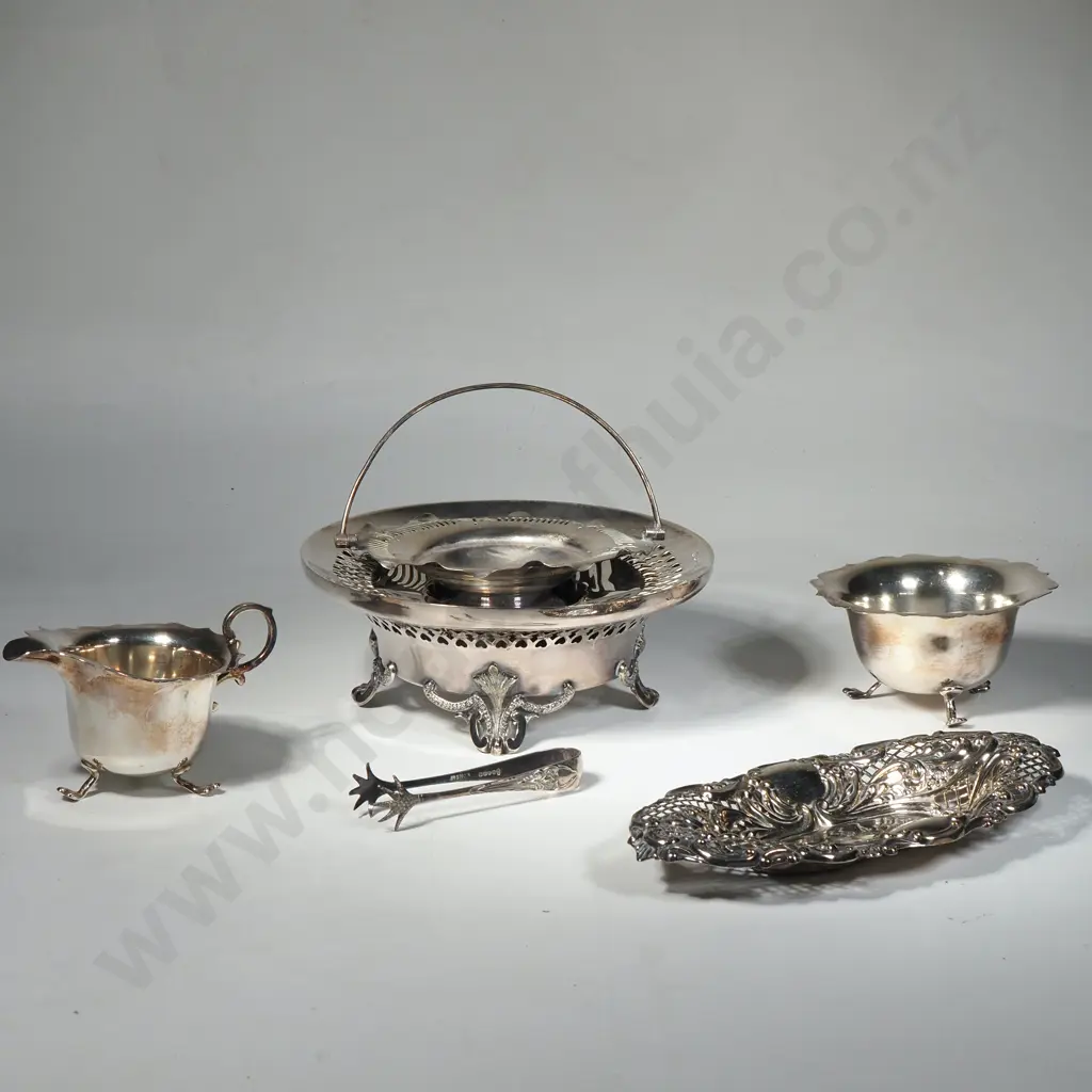 Silver Plate Sugar Bowl & Creamer, Dish w Handle, a Bon Bon Dish w Pierced Decoration & a Silver Plate Food Warmer Image 1++