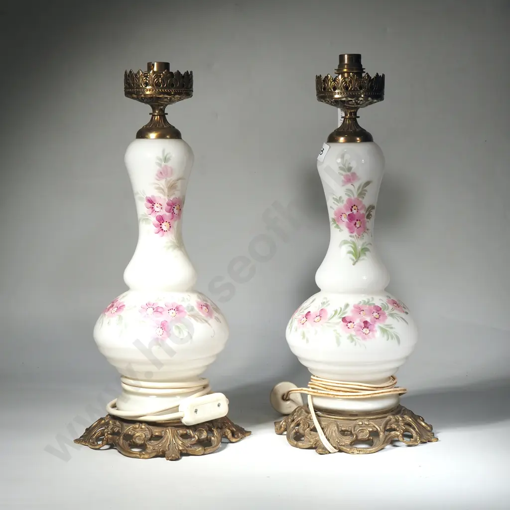 Pair of Milk Glass Oil Lamps w Painted Floral Decoration & Converted to Electricity Image 1++