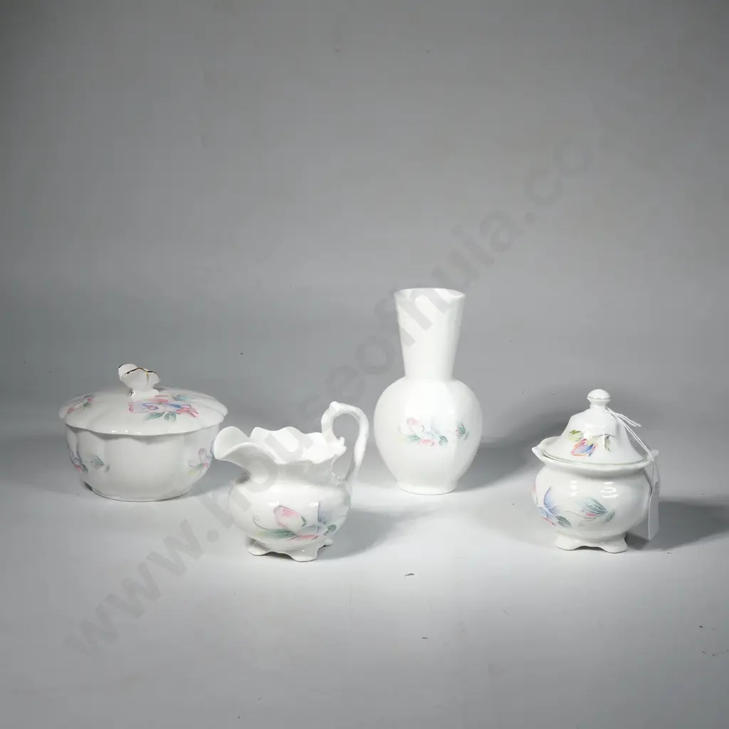 Four Pieces of Aynsley 'Little Sweetheart' Pattern including Lidded Pot & Jug, Vase & Lidded Bowl w Butterfly Finial Image 1++