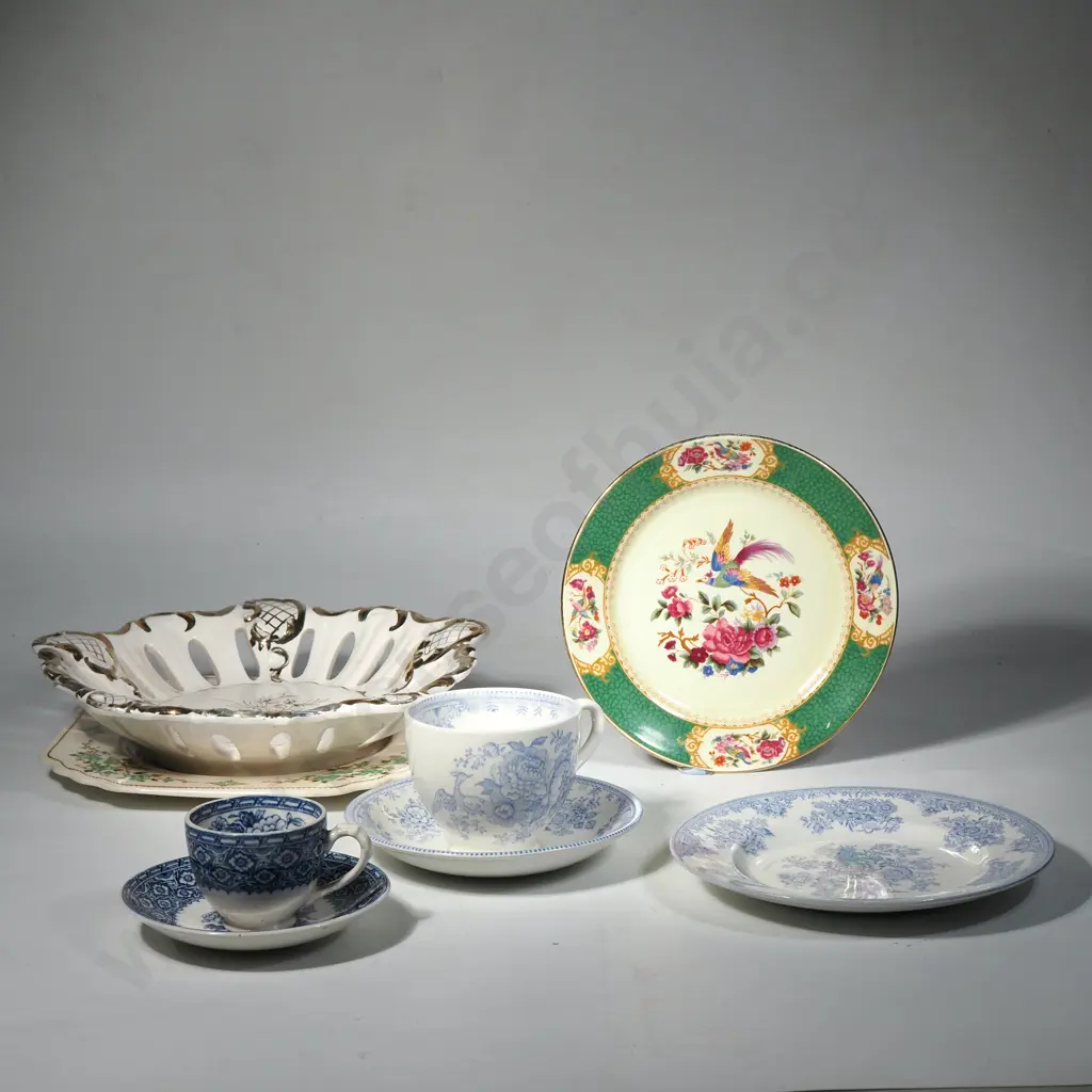 Burleigh Blue & White Trio, Harvard Blue & White Demi Tasse Cup & Saucer, Two Plates, Pierced Gold & White Bowl Image 1++