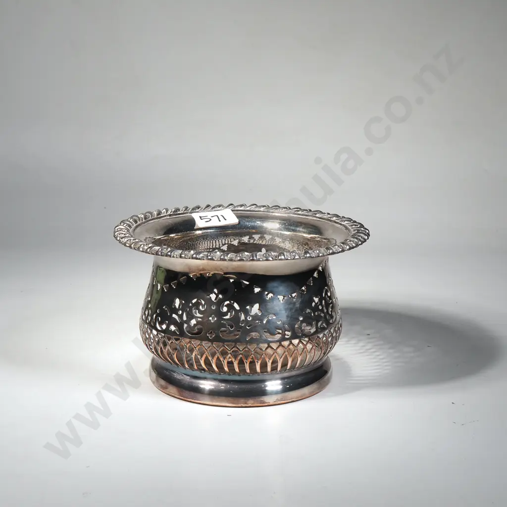 Silver Plated Coaster w Pierced Decoration & Gadrooned Rim & Turned Base Image 1++