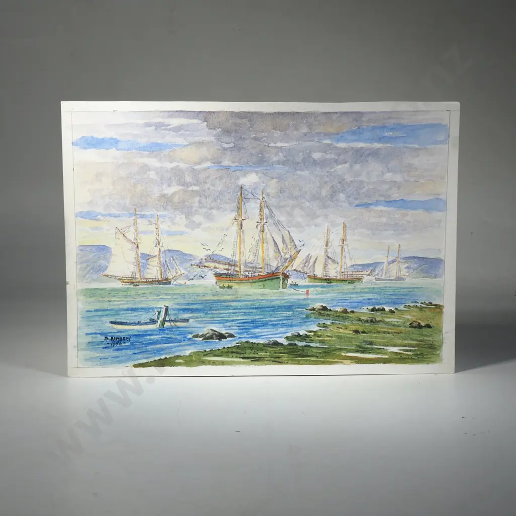 D.Bambery - 'Becalmed Harbour Scene w Schooners', Watercolour on Paper Image 1++