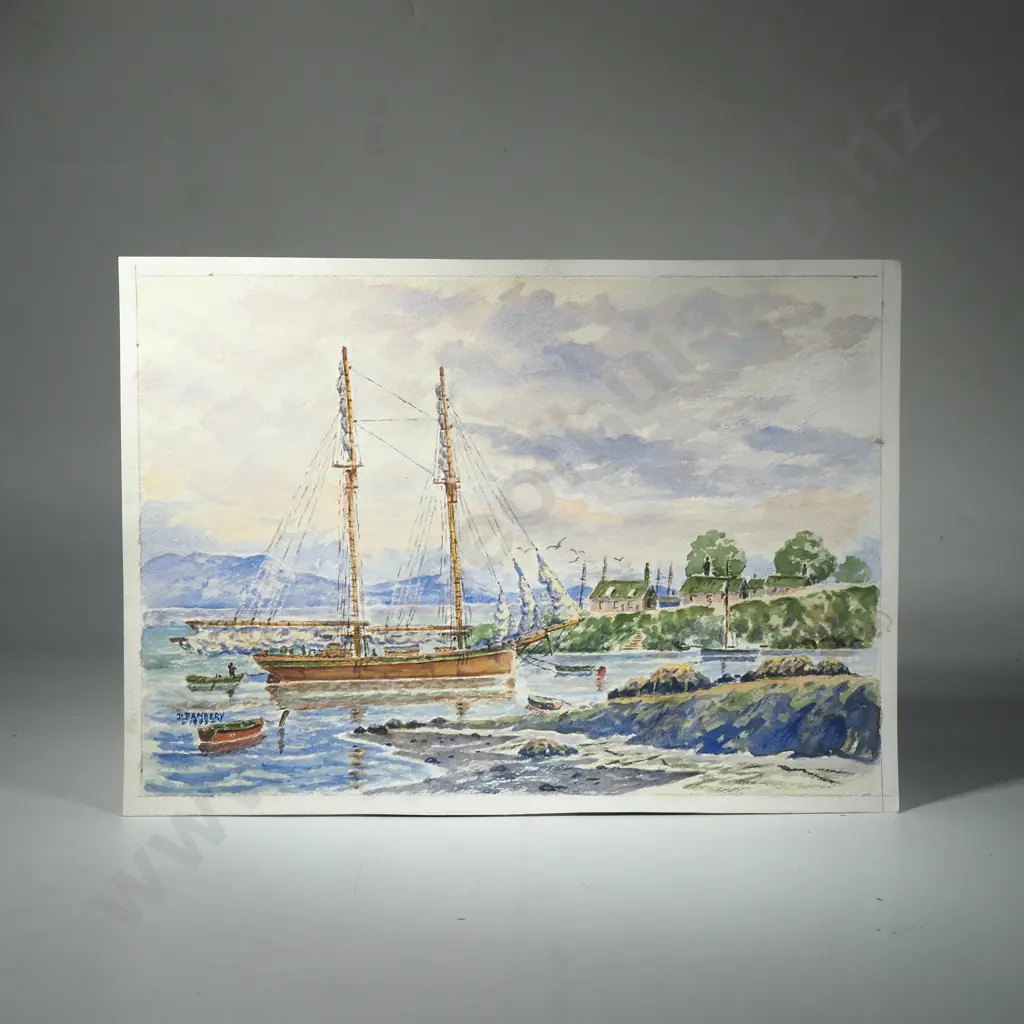D Bambery - ' Schooner with Sails Furled', Watercolour on Paper Image 1++