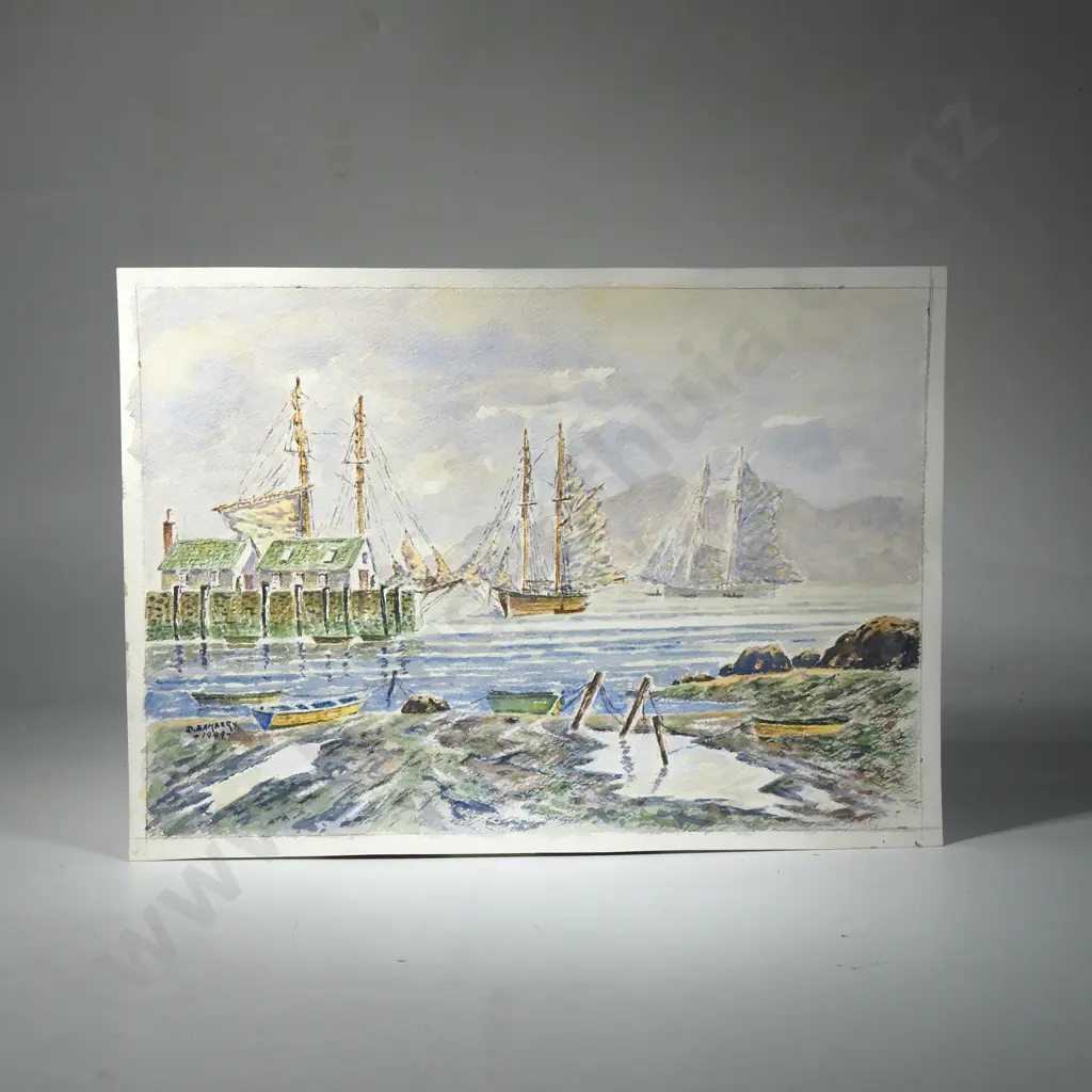 D. Bambery - 'Docked Ships at Low Tide', Watercolour on Paper Image 1++