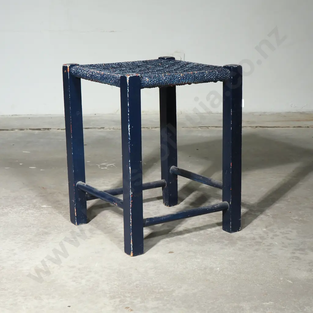 Vintage Square Wooden Stool w Woven String Seat, Painted Blue Image 1++
