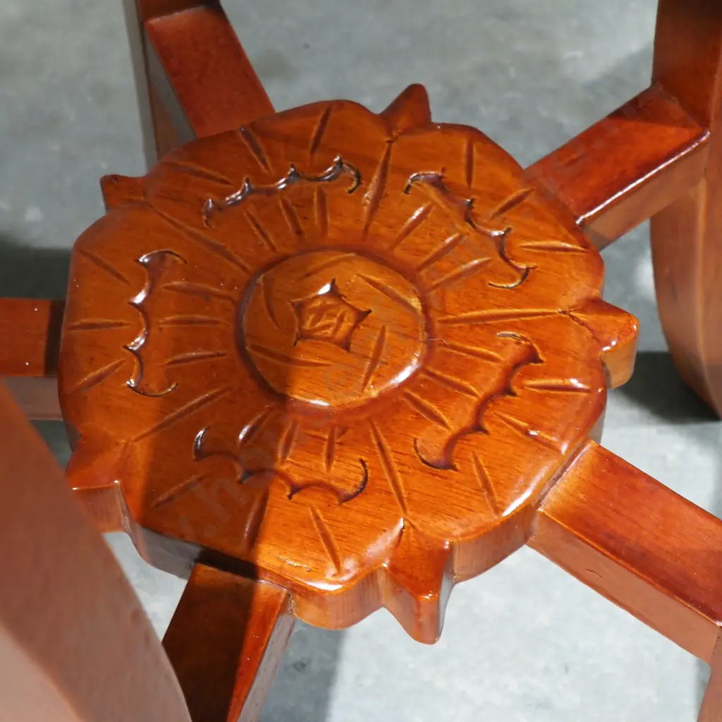 Carved Wooden Plant Stand/ Pedestal w Fretwork & a Central Marble Inset Image 1++