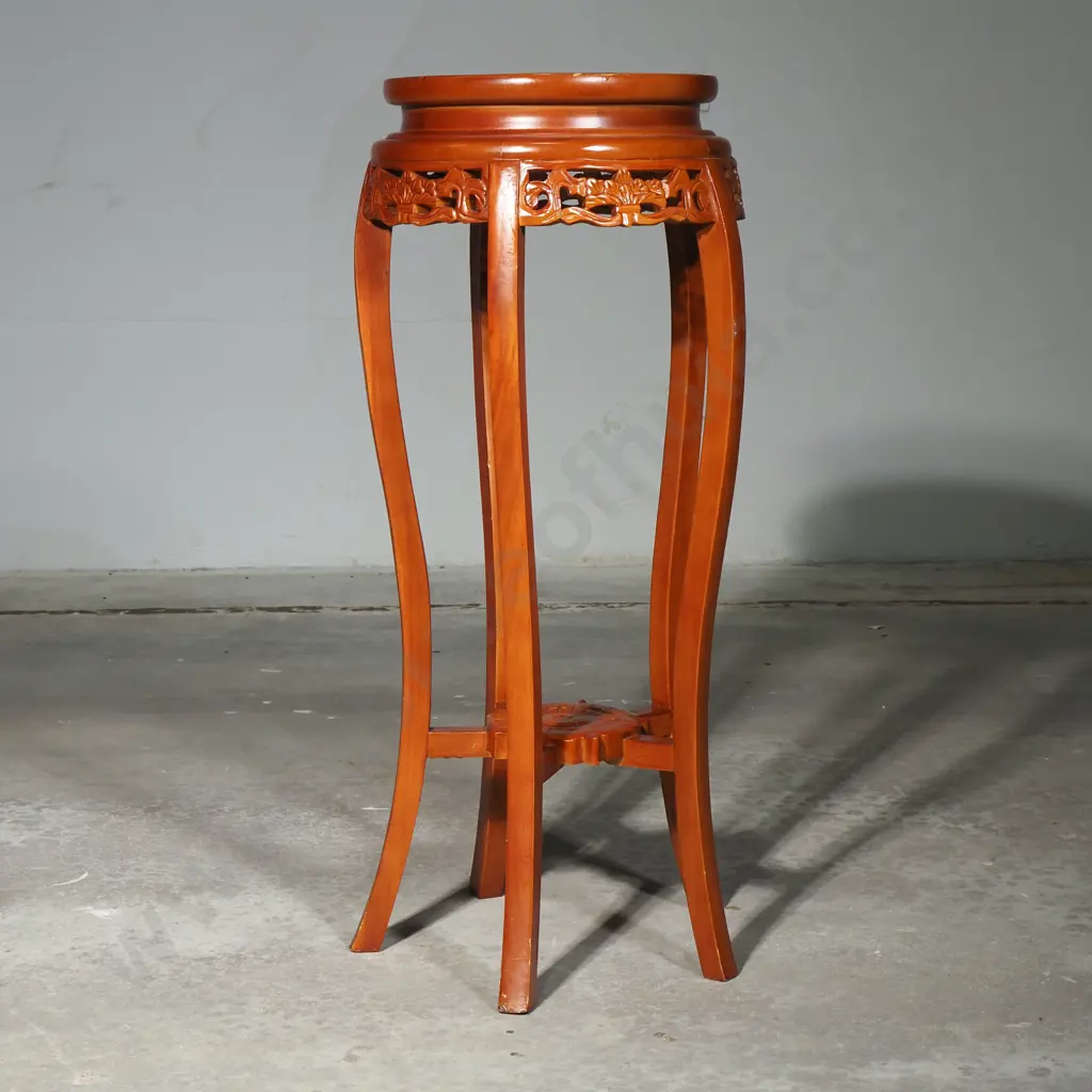 Carved Wooden Plant Stand/ Pedestal w Fretwork & a Central Marble Inset Image 1++