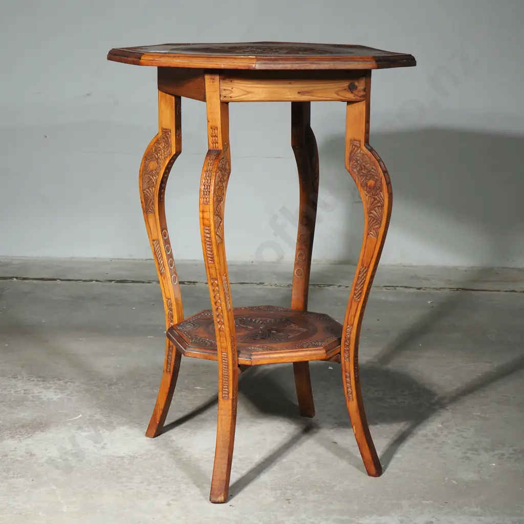 Antique Chip Carved Octagonal Side Table w Matching Under tier Shelf, Central Geometric Leaf & Starburst Pattern to Both Image 1++