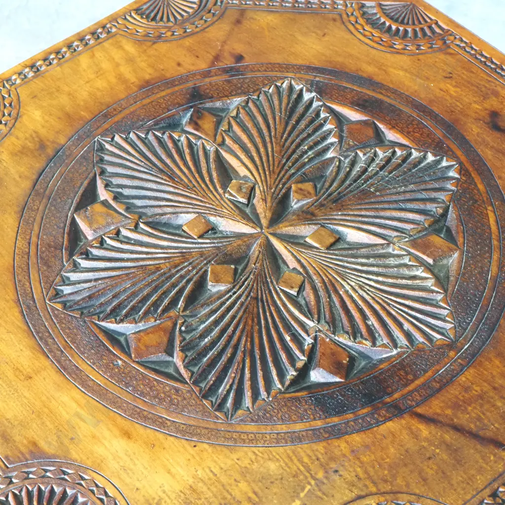 Antique Chip Carved Octagonal Side Table w Matching Under tier Shelf, Central Geometric Leaf & Starburst Pattern to Both Image 1++