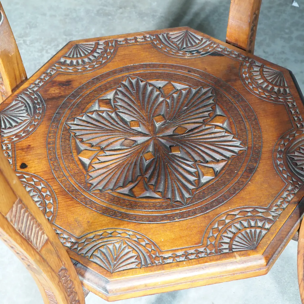 Antique Chip Carved Octagonal Side Table w Matching Under tier Shelf, Central Geometric Leaf & Starburst Pattern to Both Image 1++