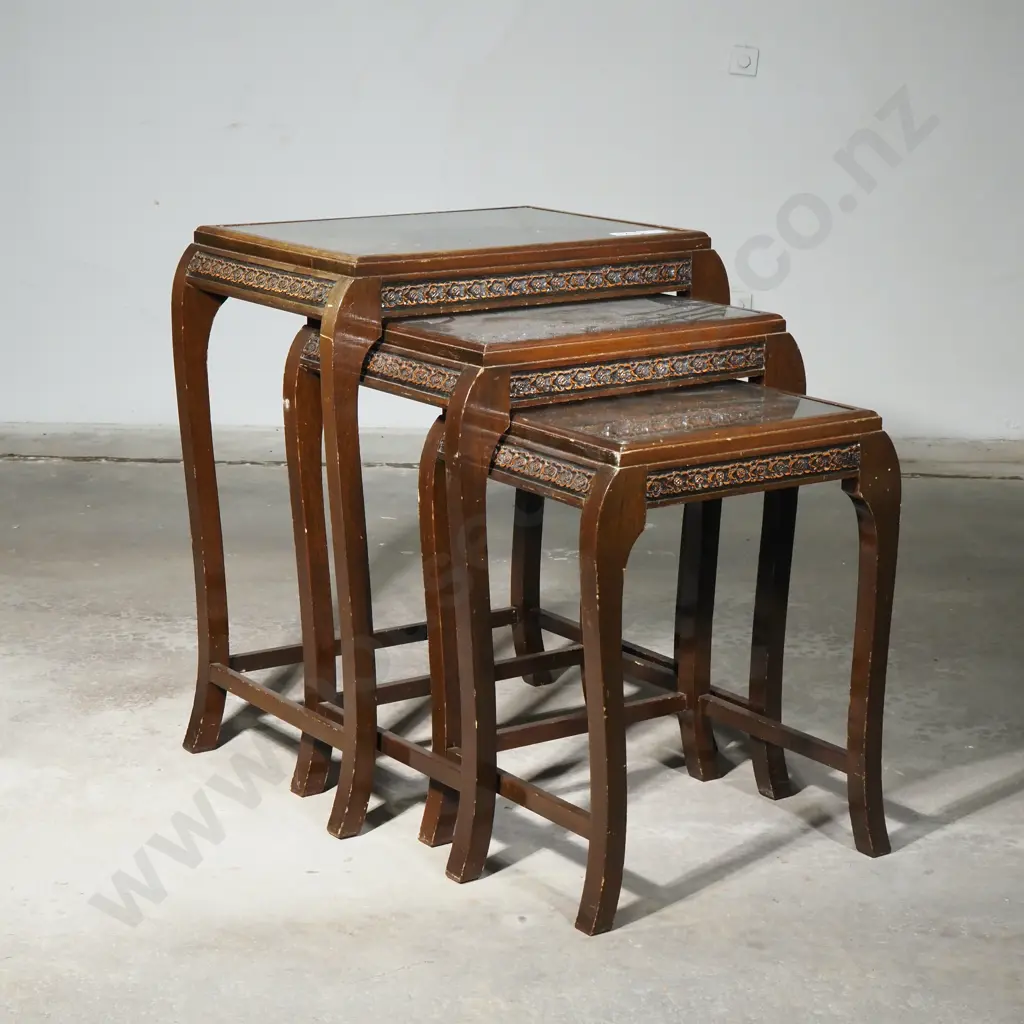 Vintage Nest of Three Tables w Intricate Carved Asian Landscape Scene Image 1++