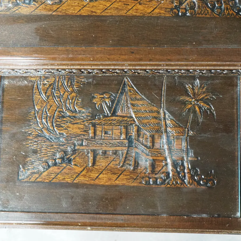 Vintage Nest of Three Tables w Intricate Carved Asian Landscape Scene Image 1++