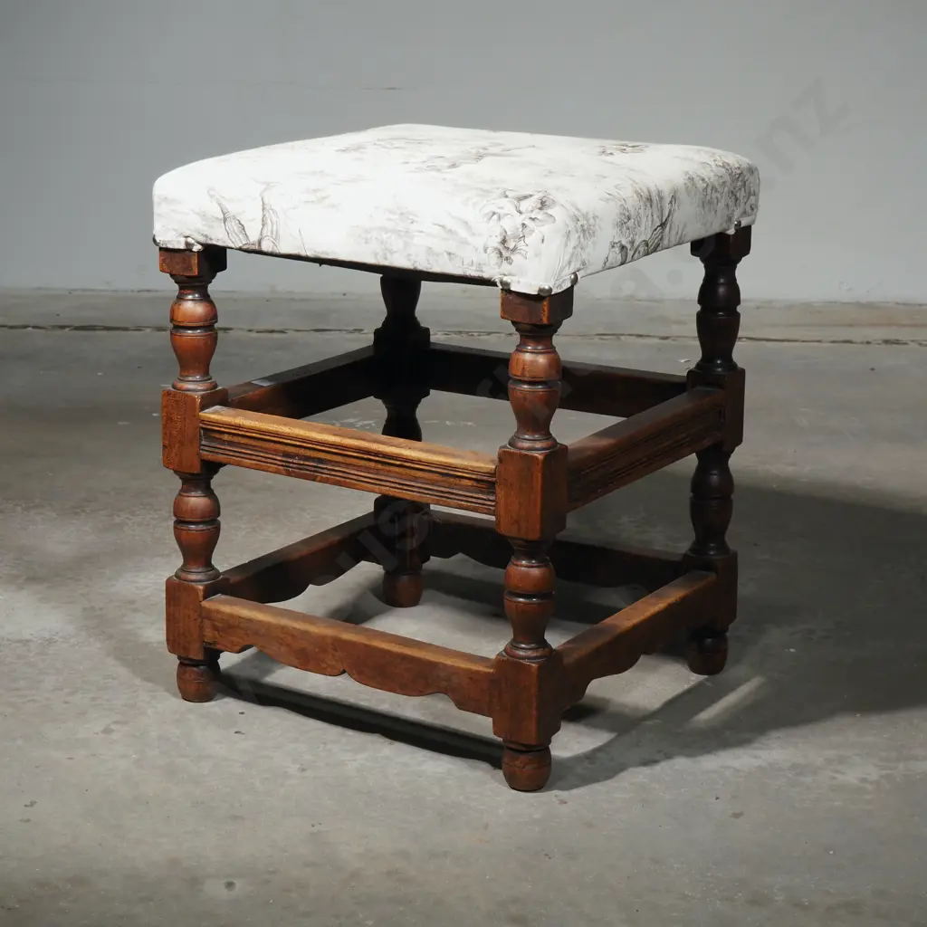 Carved Oak Joint Stool w Upholstered Seat Featuring Turned Legs Connected By Stretcher Rails Image 1++