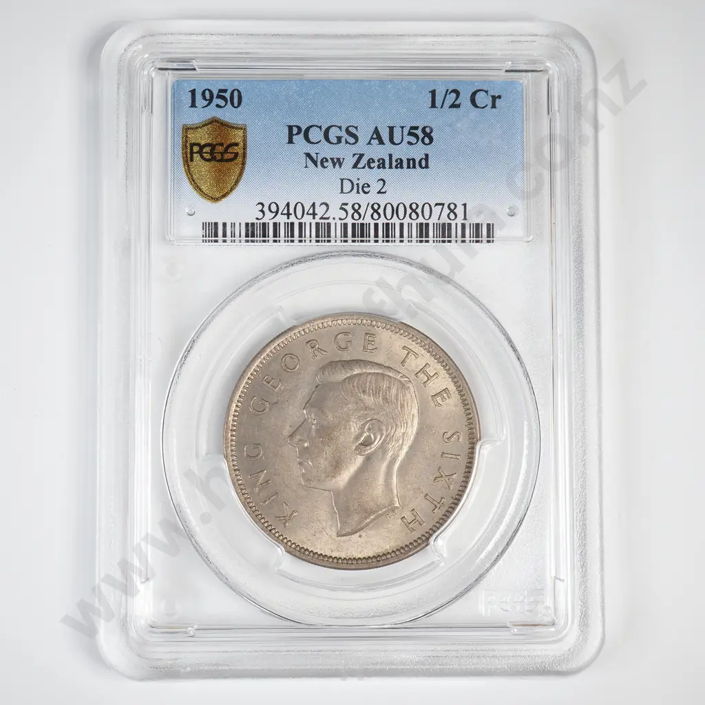 1950 DIE 2 HALFCROWN, AU58, MINIMUM C.V. $50 Image 1++