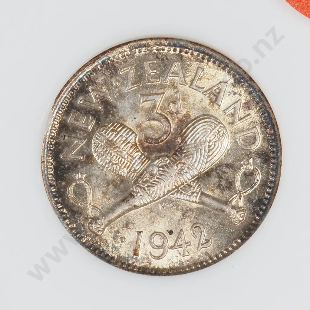 1942 'ONE DOT' THREEPENCE, ANACS GRADED MS64 ( TONED ), MINIMUM C.V $1500 Image 1++