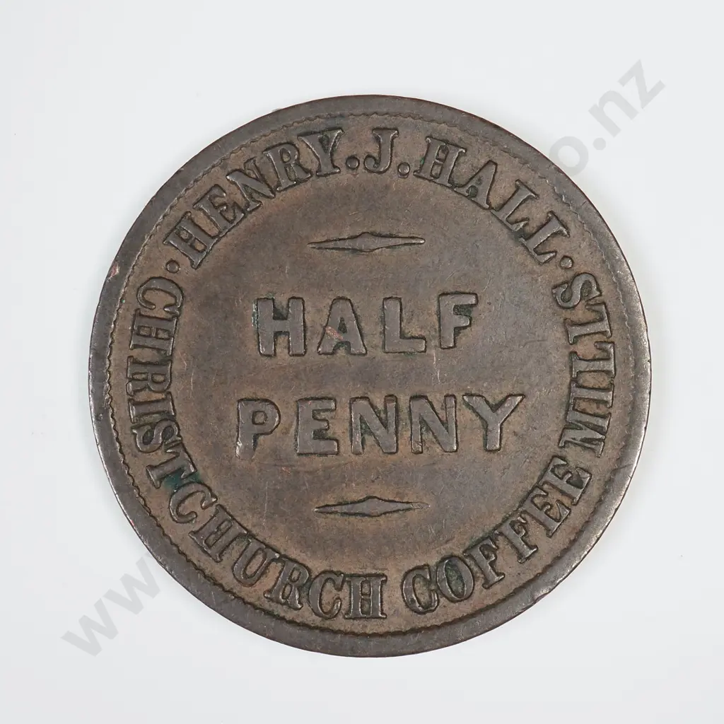 COPPER H. J, HALL, CHRISTCHURCH HALF PENNY TOKEN, C.1860'S Image 1++
