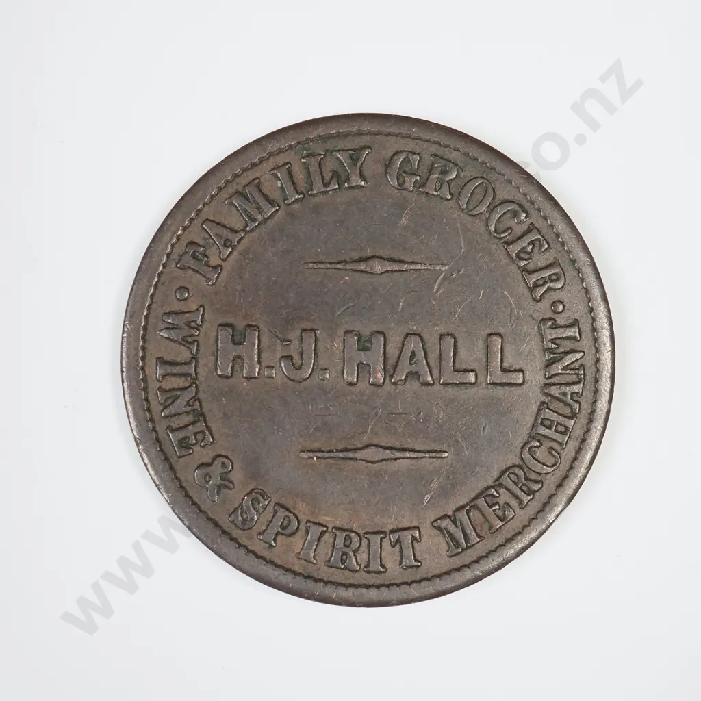 COPPER H. J, HALL, CHRISTCHURCH HALF PENNY TOKEN, C.1860'S Image 1++