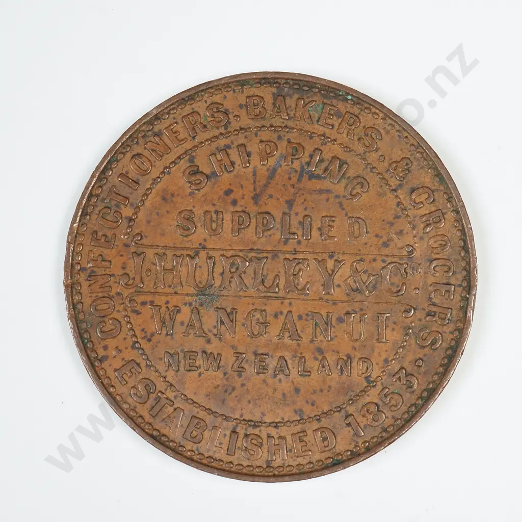 COPPER J. HURLEY, WANGANUI ONE PENNY TOKEN, C.1860'S Image 1++