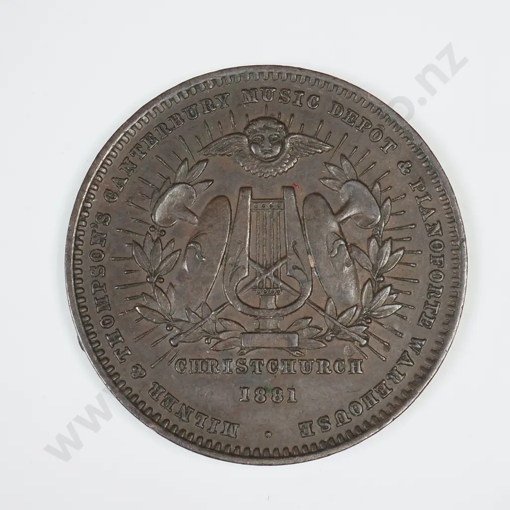 COPPER MILNER AND THOMPSON, CHRISTCHURCH ONE PENNY TOKEN, 1881 Image 1++