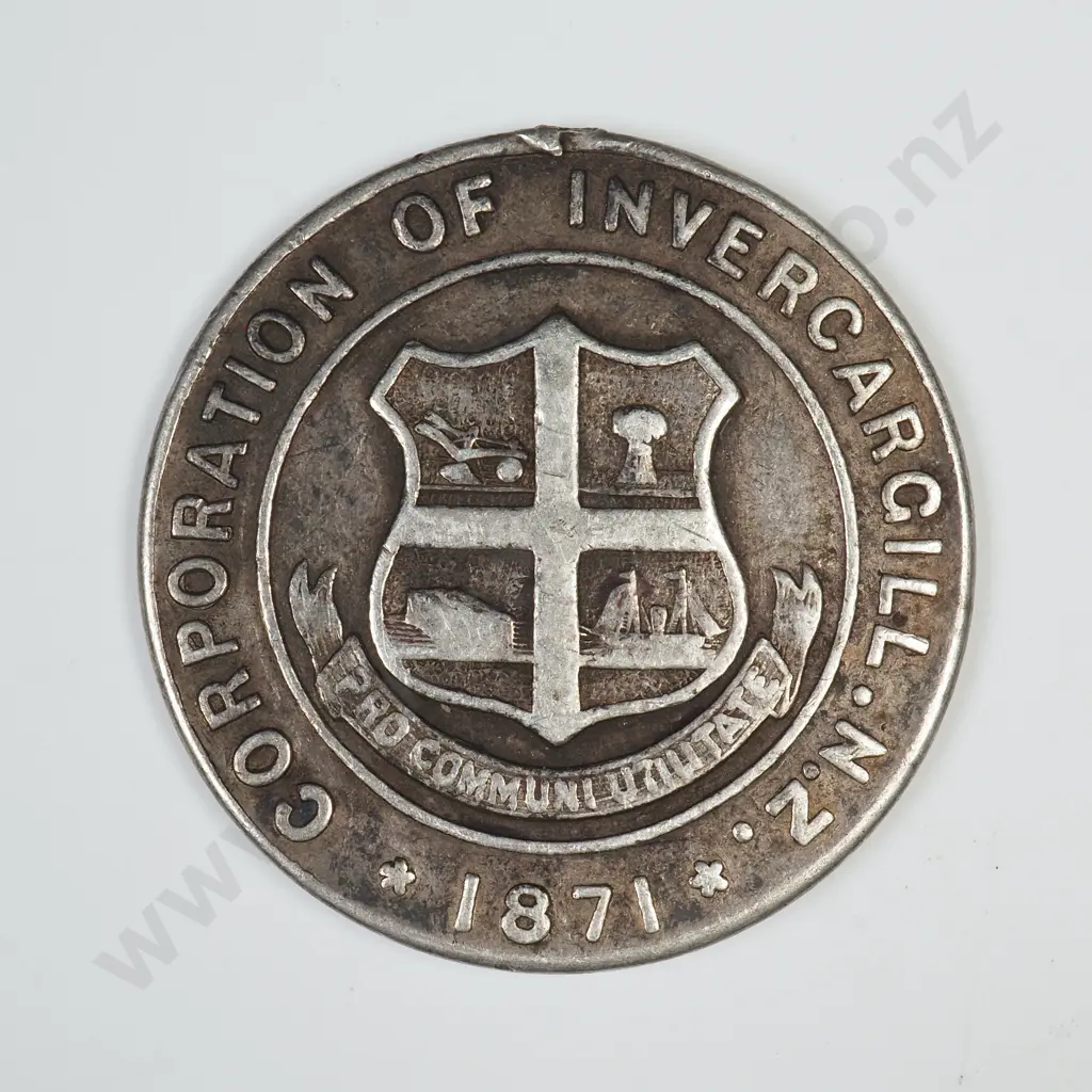 SILVER CORPORATION OF INVERCARGILL TRAMWAY PASS, 1871, NUMBER 18, 26MM, C.V $350 Image 1++