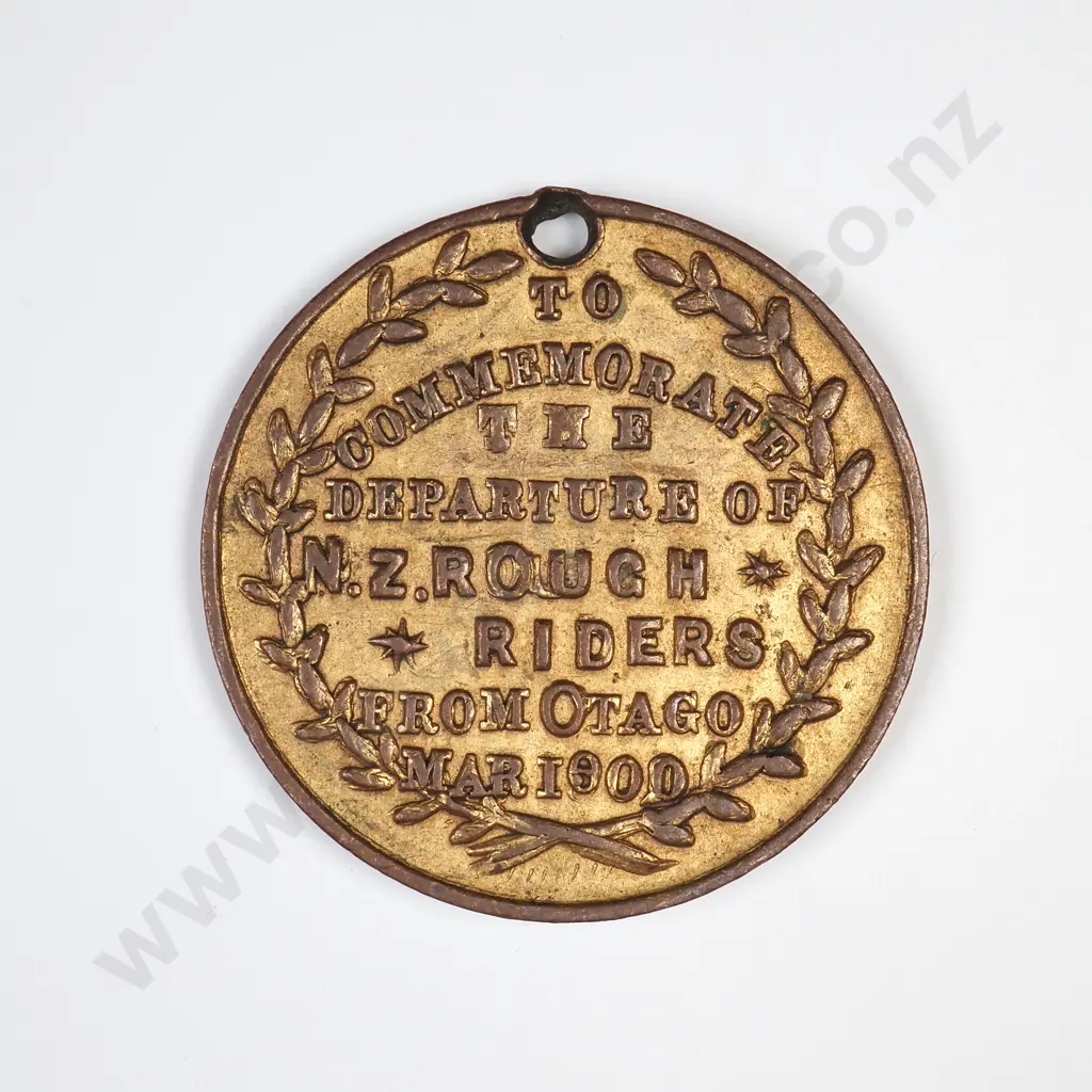 GILT MEDALET, TO COMMEMORATE THE DEPARTURE OF N. Z. ROUGH RIDERS FROM OTAGO, MAR 1900, 24MM Image 1++