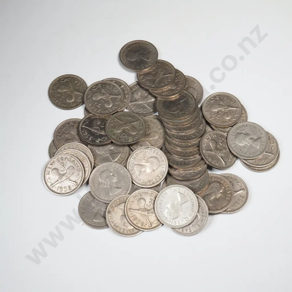50 X 1956 NO SHOULDER STRAP THREEPENCES, C.V $400 Image 1++