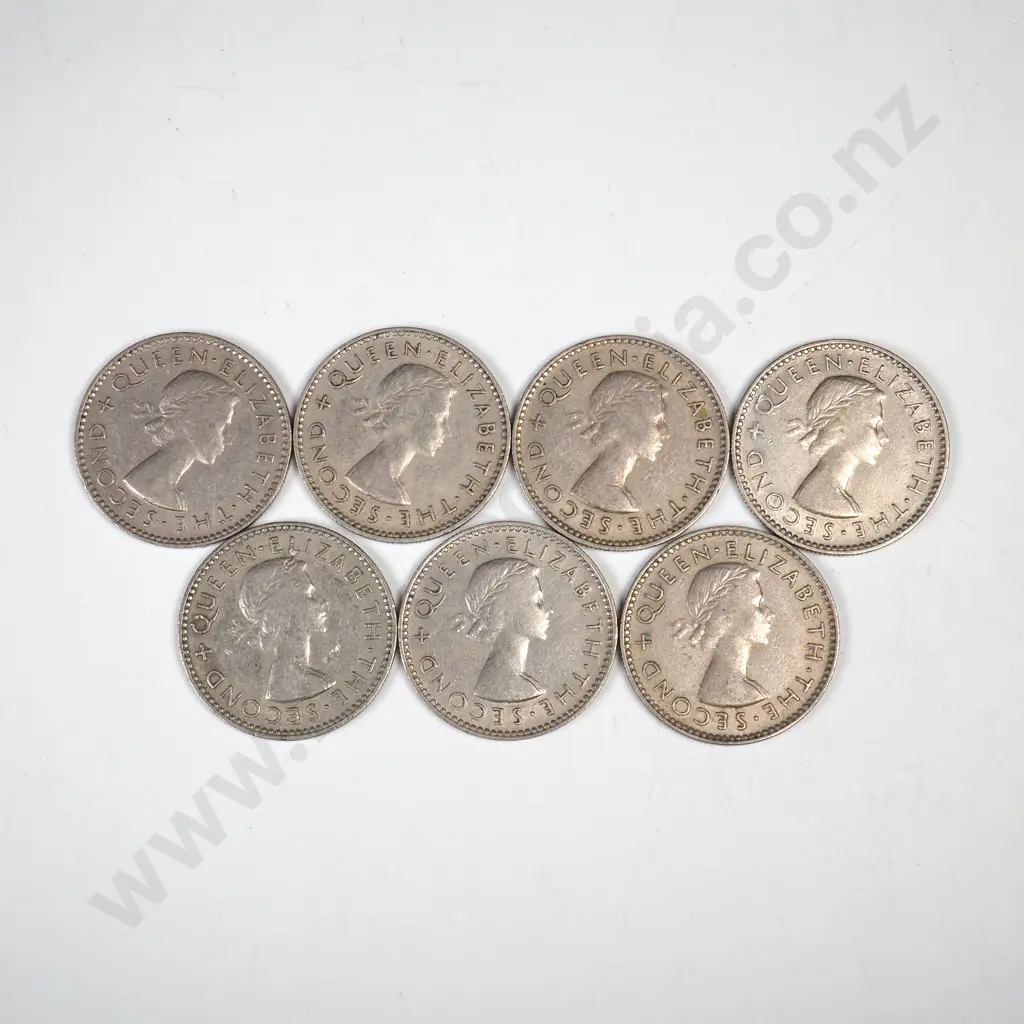 7 X 1957 NO SHOULDER STRAP SIXPENCES, C.V $105 Image 1++