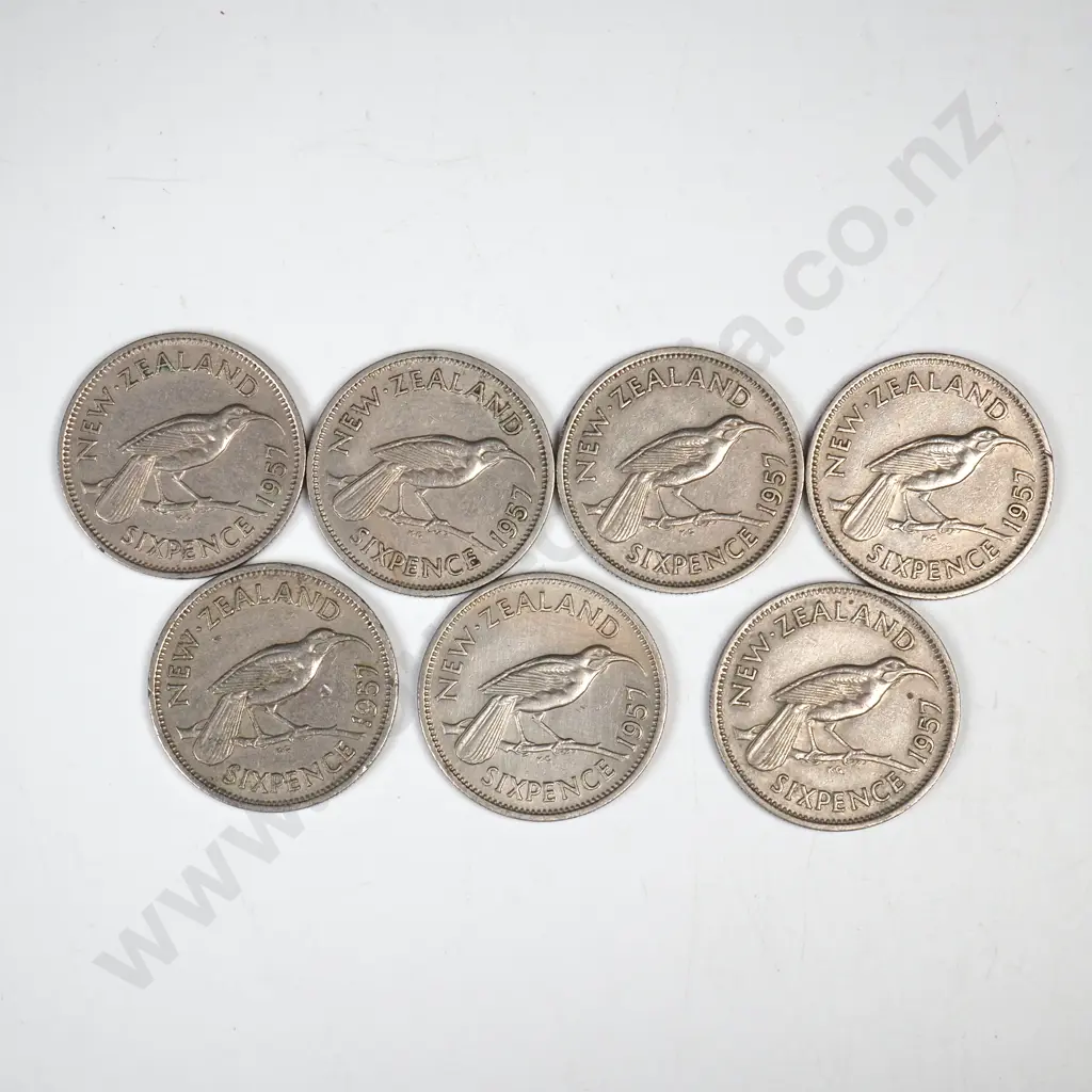 7 X 1957 NO SHOULDER STRAP SIXPENCES, C.V $105 Image 1++