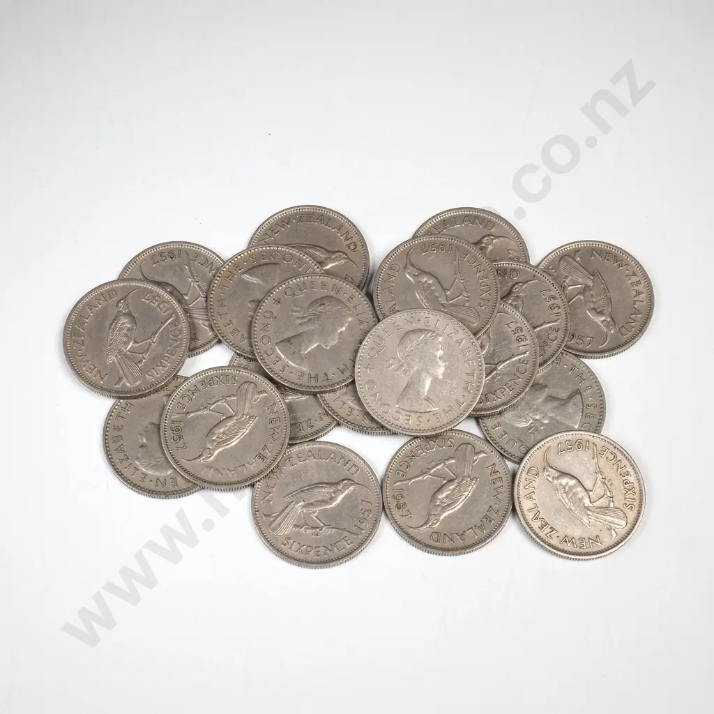 20 X 1957 NO SHOULDER STRAP SIXPENCES, C.V $300 Image 1++