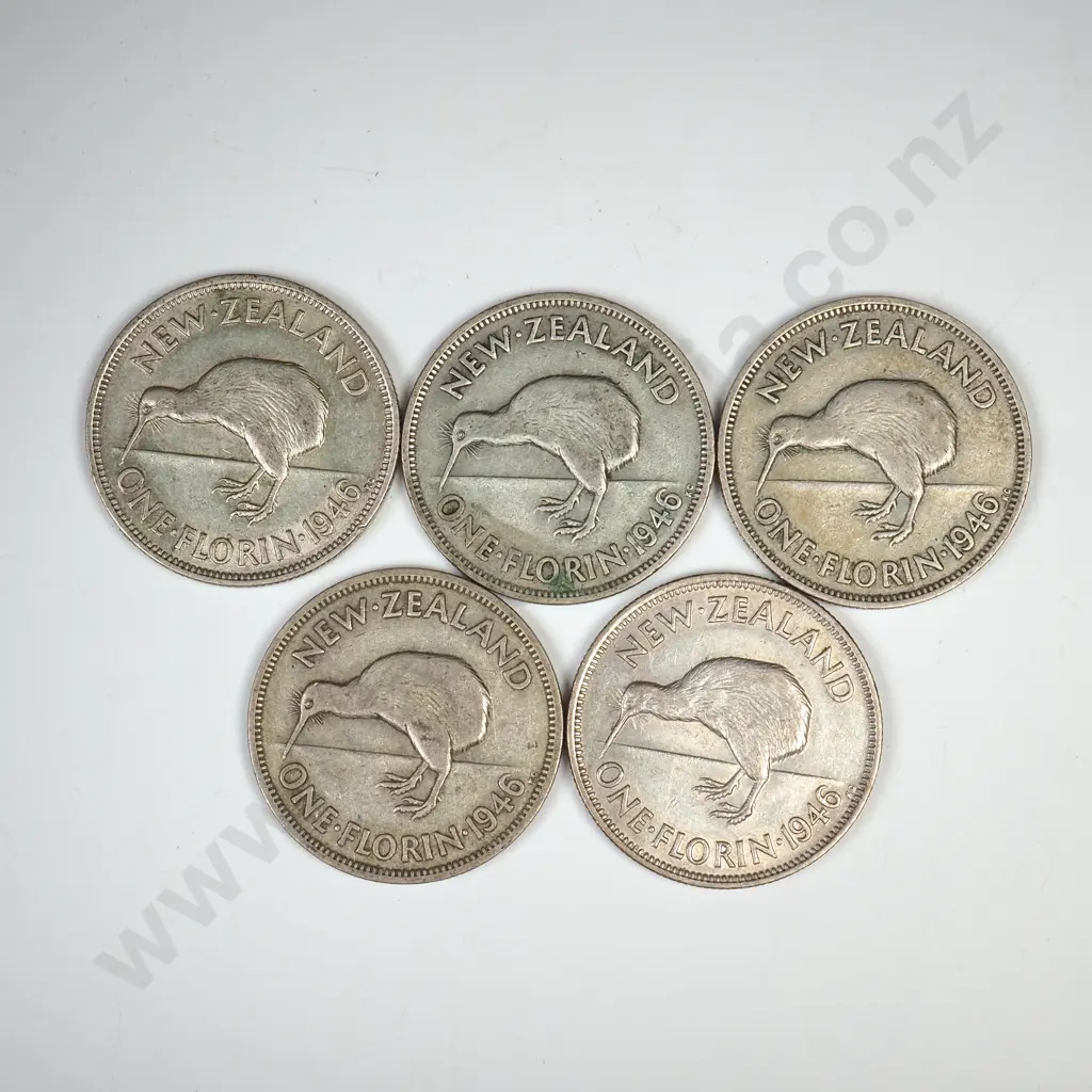 5 X 1946 FLAT BACK FLORINS, C.V $100 Image 1++