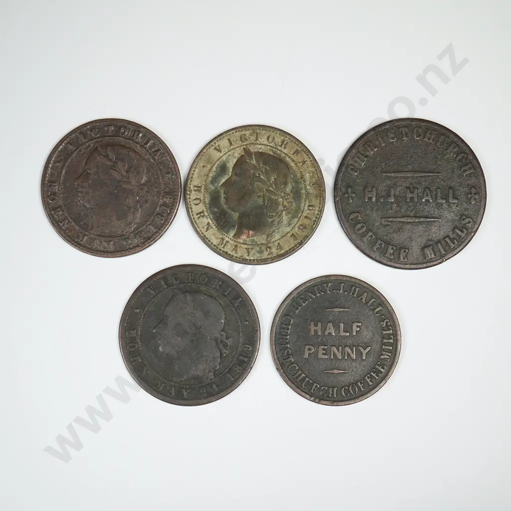 5 X COPPER TRADE TOKENS, AVERAGE CONDITION Image 1++