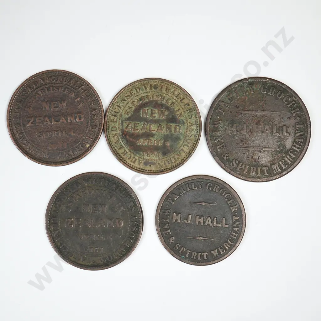 5 X COPPER TRADE TOKENS, AVERAGE CONDITION Image 1++