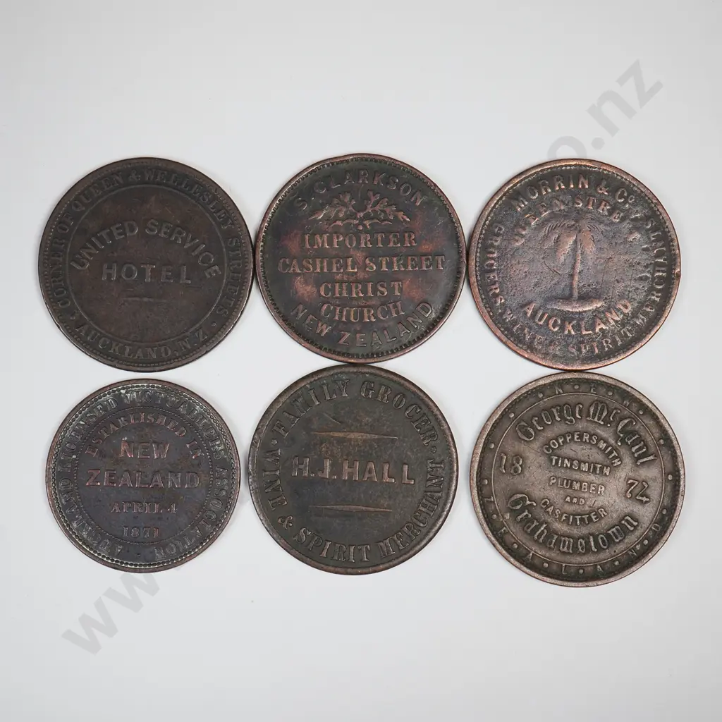 6 X COPPER TRADE TOKENS, AVERAGE CONDITION Image 1++