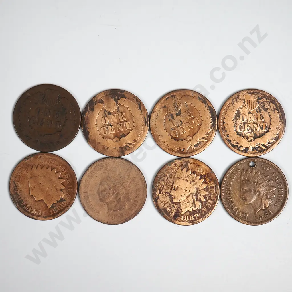 8 x Indian Head cents, all worn or damaged, all scarce dates: 1864 with 'L', 1866, 1867, 1868, 1873, 1874, 1875, 1876 Image 1++