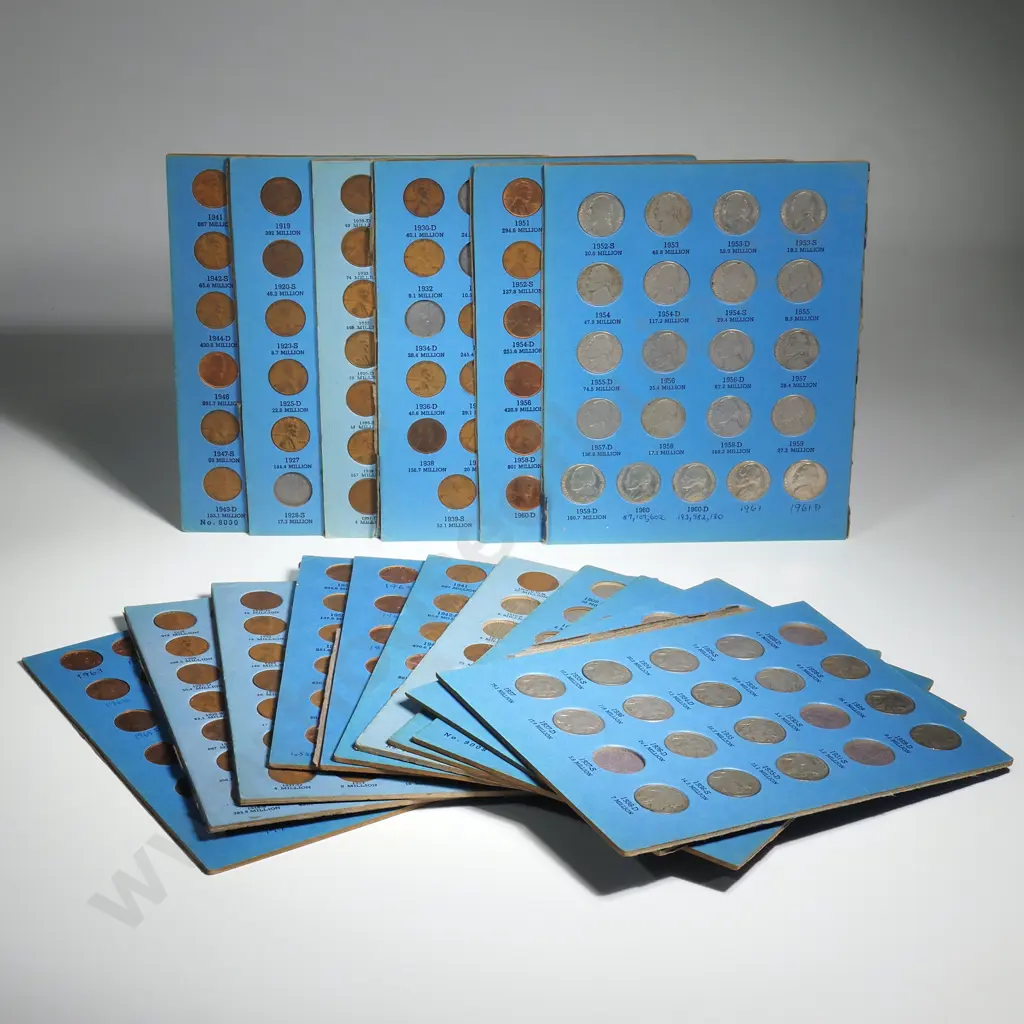 17 x album pages containing Lincoln Wheat and Memorial cents, Buffalo and Jefferson nickels Image 1++