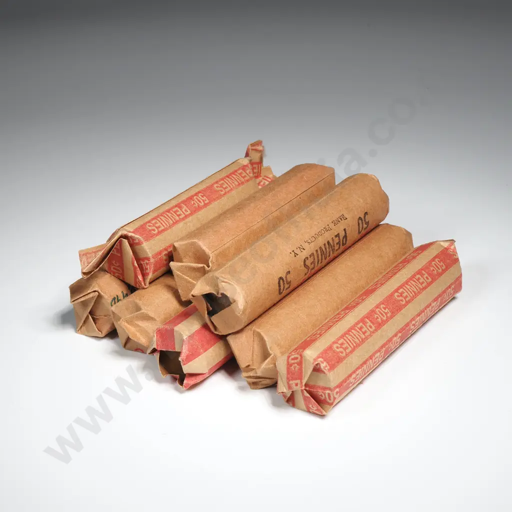 8 x paper bank rolls containing Lincoln Wheat cents, dates noted from 1911 to 1958 D, unsorted Image 1++