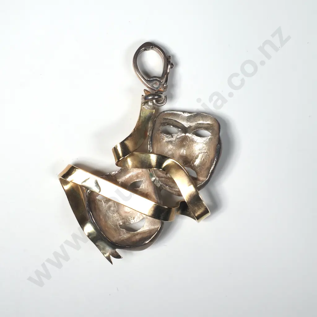 Handmade 9ct Gold & Sterling Silver Pendant w Comedy / Tragedy Mask Design w Valuation for $1895.00 Image 1++
