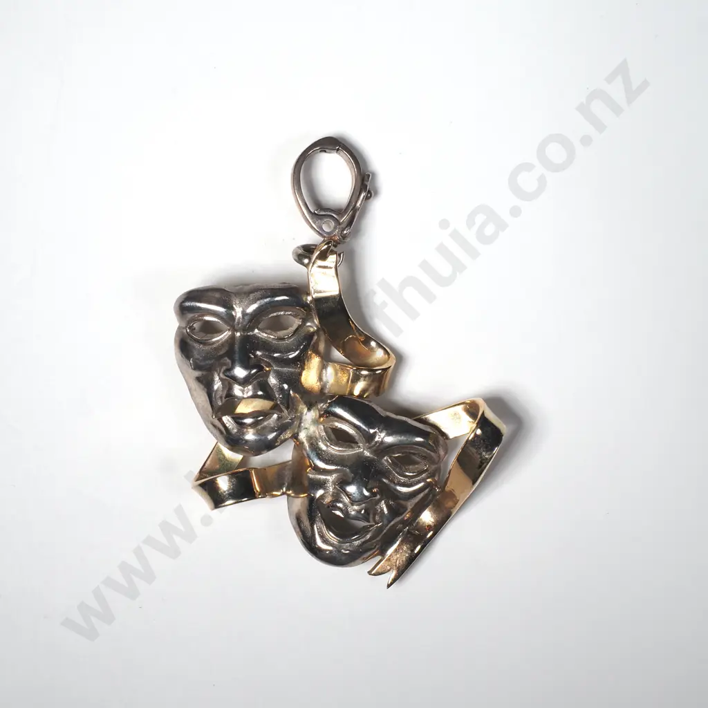 Handmade 9ct Gold & Sterling Silver Pendant w Comedy / Tragedy Mask Design w Valuation for $1895.00 Image 1++
