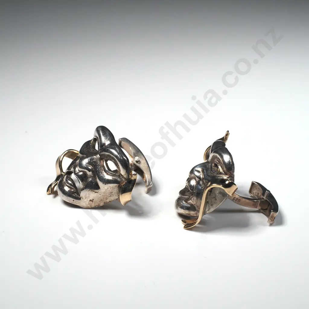 Handmade 9ct Gold & Sterling Silver Cufflinks w Comedy / Tragedy Mask Design w Valuation for $795.00 Image 1++