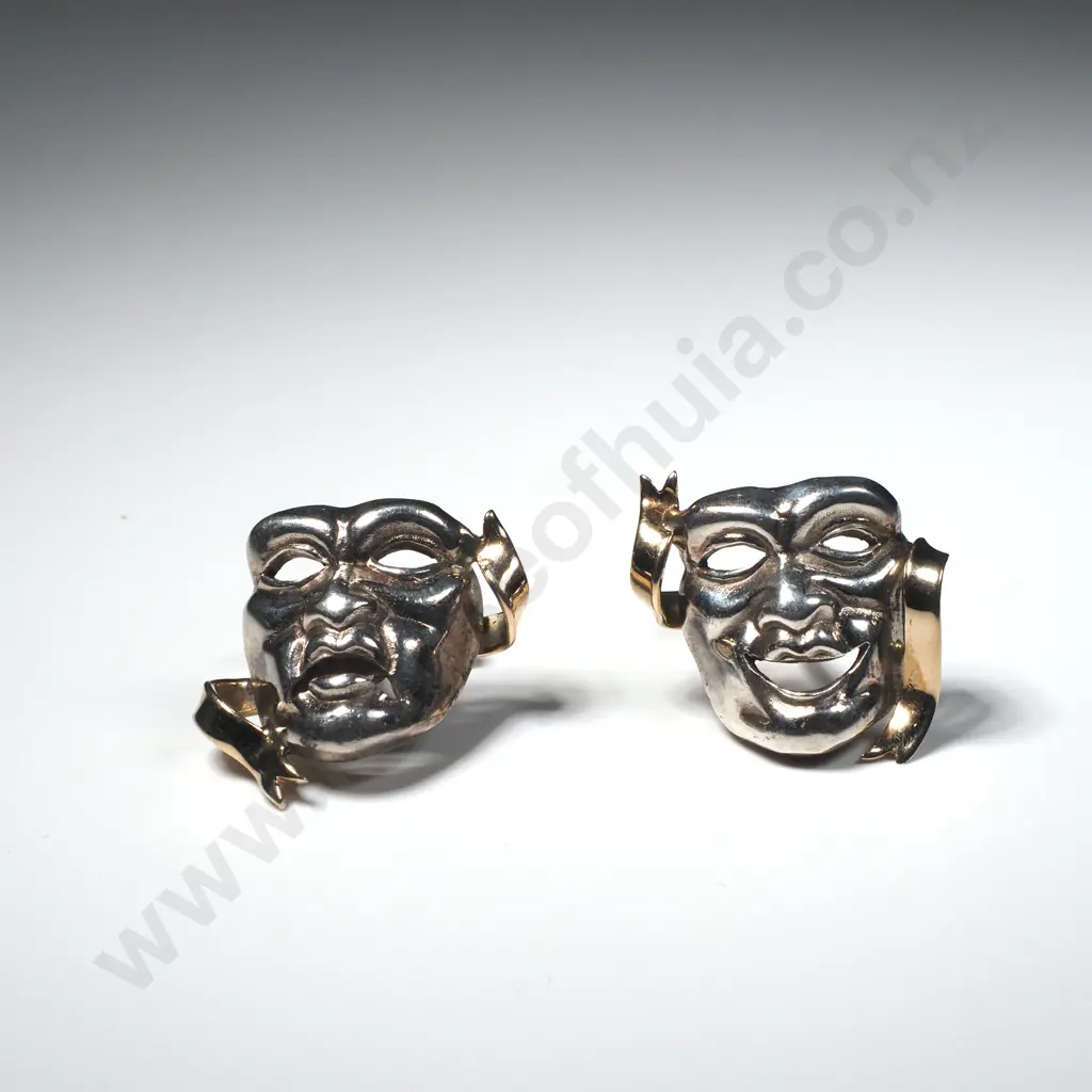 Handmade 9ct Gold & Sterling Silver Cufflinks w Comedy / Tragedy Mask Design w Valuation for $795.00 Image 1++