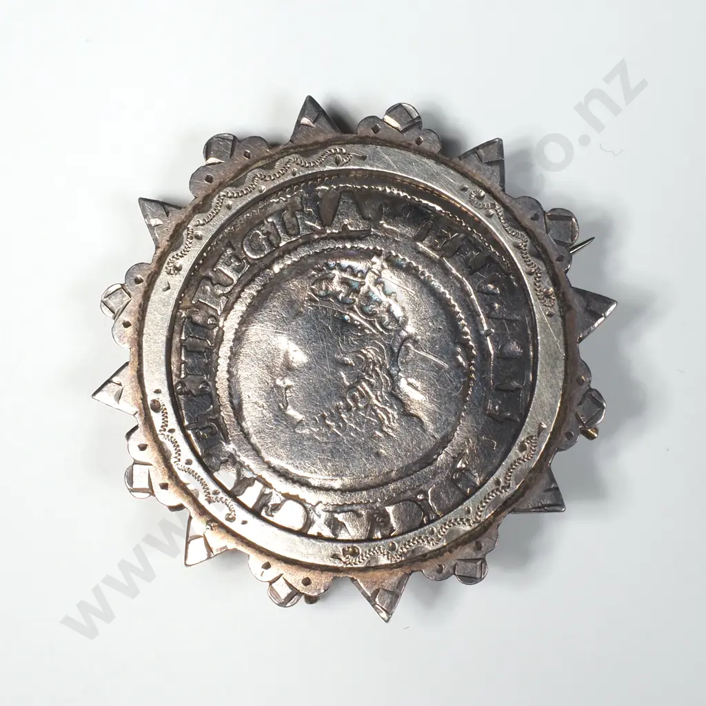 1568 Elizabeth I Shilling Coin in Removeable Brooch Mount Image 1++